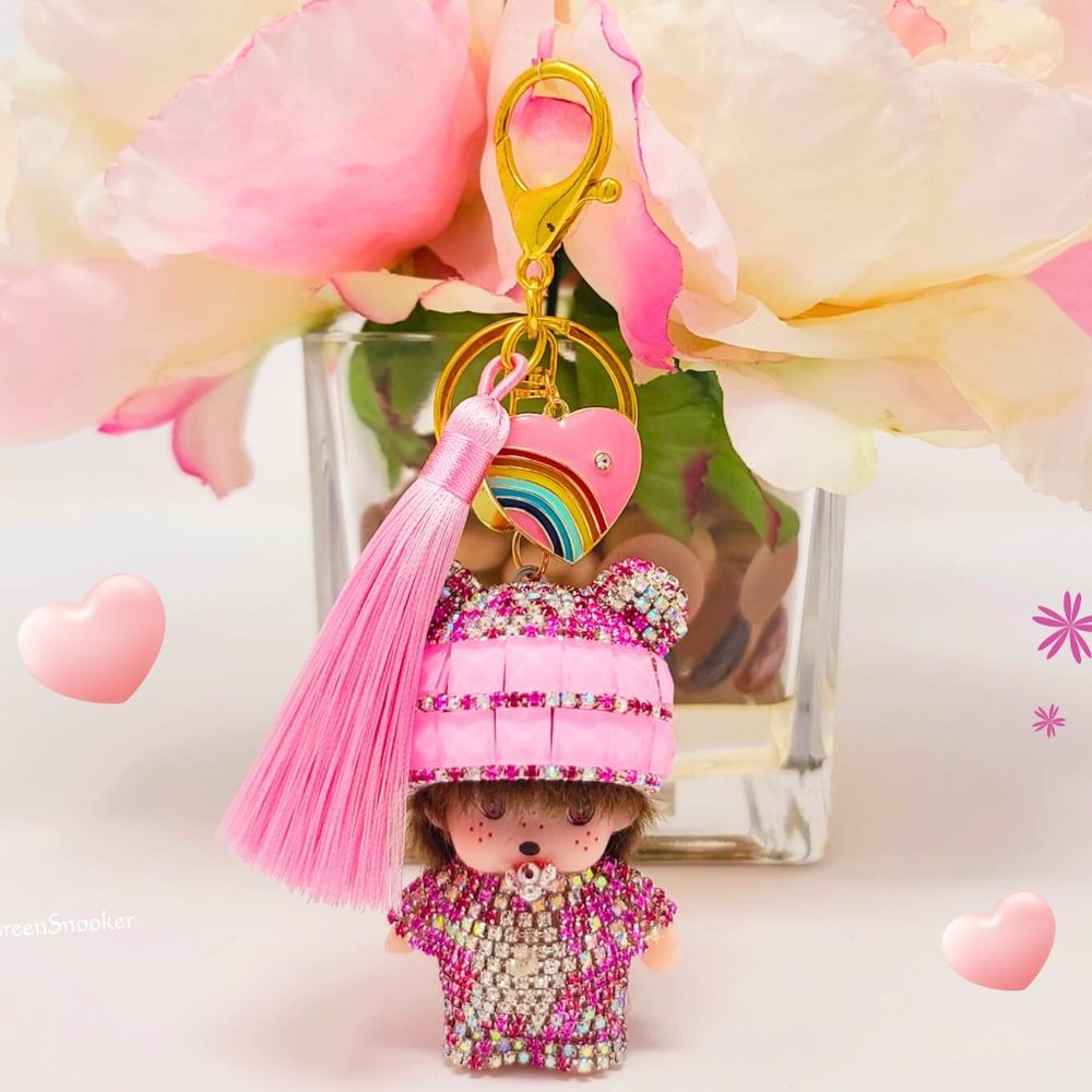 Keychain, Cute Monchichi Tassel with a Heart, bag pendant